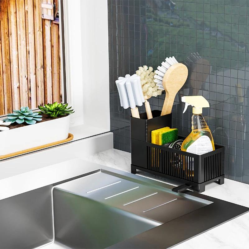 Multi-Functional Kitchen Sink Organizer-Countertop Drainage Rack for Dish Soap,Sponge,Dishcloth & Rag,Space-Saving Storage Stand