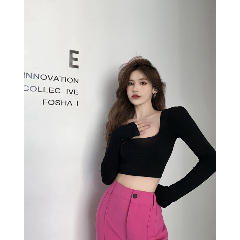 Square Collar Long-sleeved T-shirt for Women for Autumn New White Straps Short Backless Slim Base Shirt Top