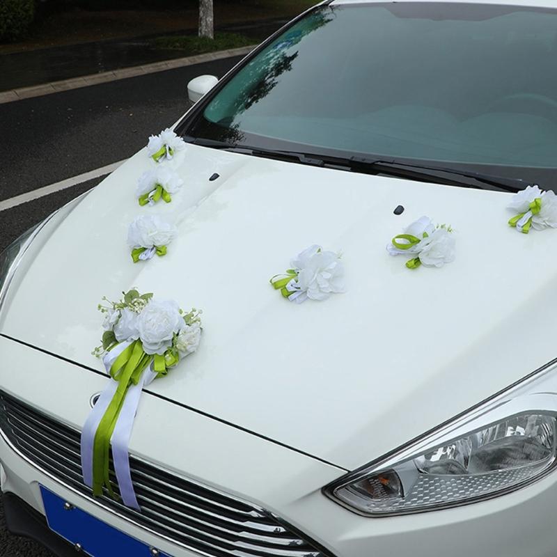 Realistic Faux Floral Arrangement Set For Bridal Vehicle Decoration In White Green Color Scheme