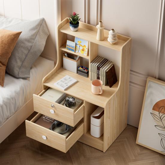 Bedside Table, Bedroom Nightstand, End Table with 2 Drawers and Opening Storage Shelves, Couch Table Wooden Bedside Table for Living Room