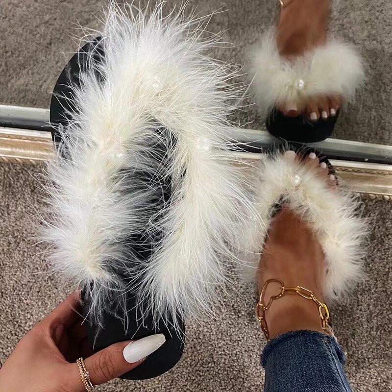 Fashion Summer Fluffy Fur Platform Flip Flops for Women Fashion Pearl Decor Wedges Sandals Woman Thick Sole Non Slip Outdoor Slippers