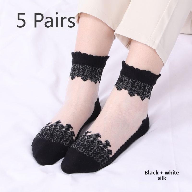5 Pairs of Women's Spring Thin Mid Cylinder Cotton Sole Lace Lace Socks