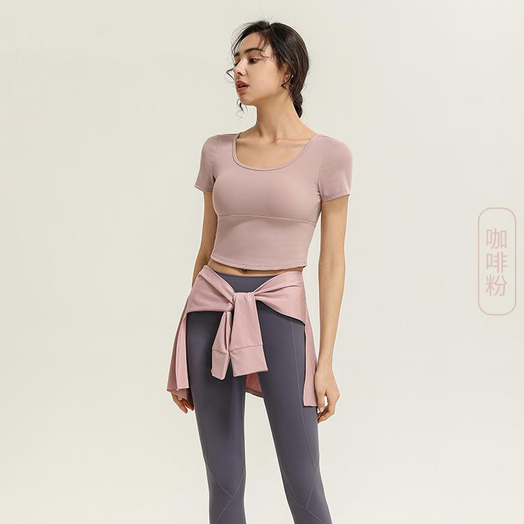 Temperament Naked with chest pad, beautiful back, short-sleeved T-shirt, women's sports running, yoga, dance, fitness tights