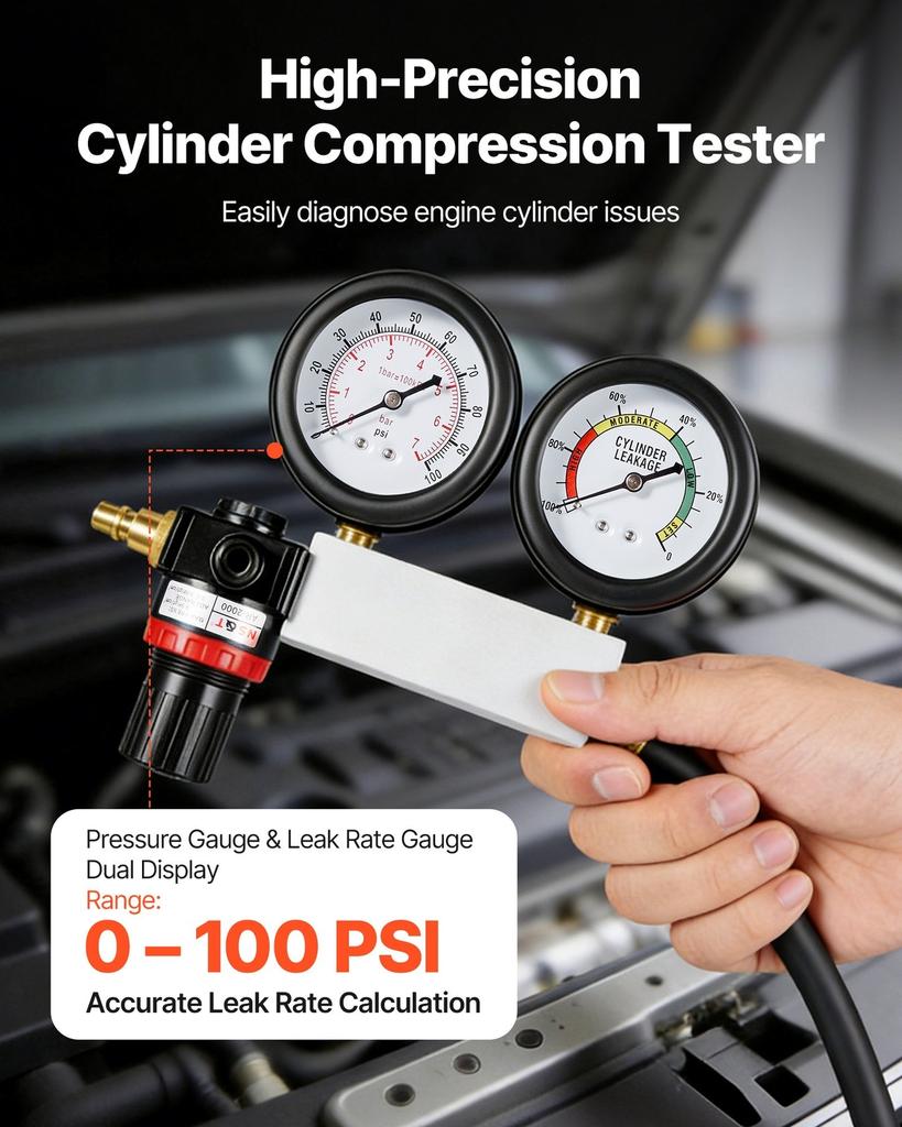 Engine Cylinder Compression Tester Kit, Pressure Gauge Range of 0-100 PSI, Automotive Leak Down Tester Kit with 4 Adapters, 2 Metal Tubes, Pressure