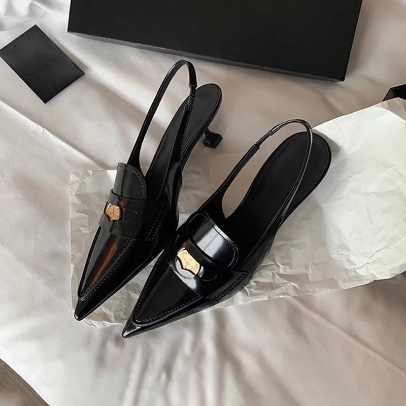 Spot second hair! Fashion versatile new small gold coin leather pointed heel empty sandals women ol commuter shoes spring