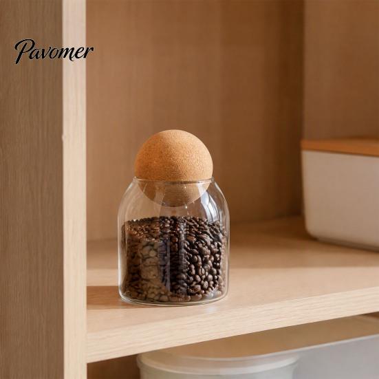 Gift for Home Organization Glass Storage Jar with Wooden Ball Cork Lid, Moisture-proof Airtight Food Heat Resistant Jars Container, Transparent