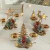 Gold Iron Double Candlestick Home Decors for Holiday Christmas Metal Candle Holders Stand with Pinecones and Berries