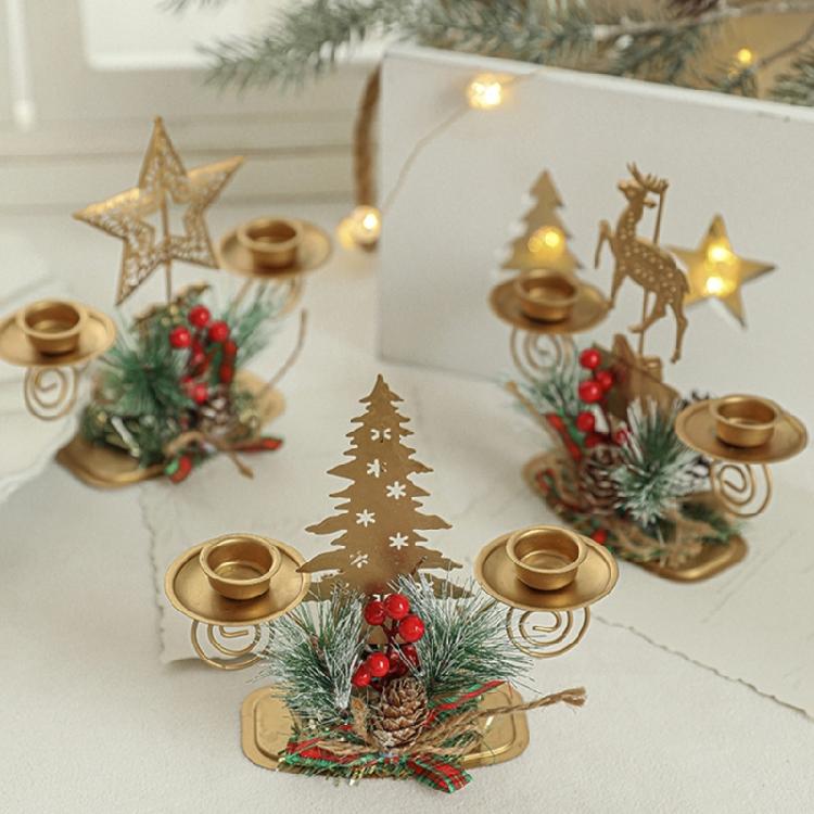Gold Iron Double Candlestick Home Decors for Holiday Christmas Metal Candle Holders Stand with Pinecones and Berries