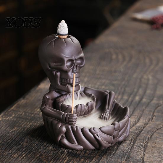 Traditional Craft Incense Burner Skeleton Burner, Backflow Waterfall Cone Holder, Gothic Skull Stick Holder for Halloween Home Decor, Meditation