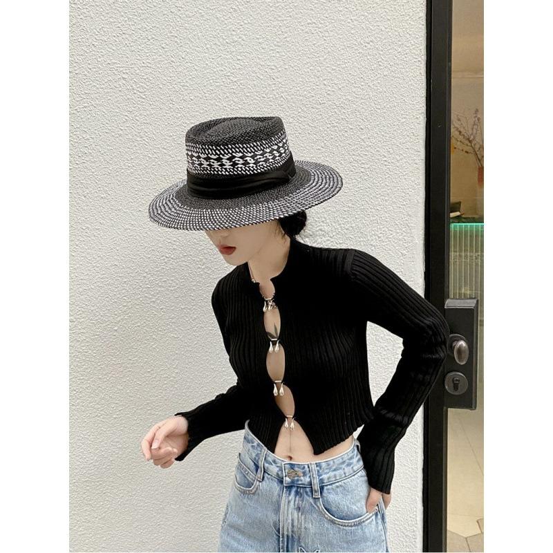 European and American style hand-woven mixed color hollow concave flat top hat women's retro versatile summer travel sun hat