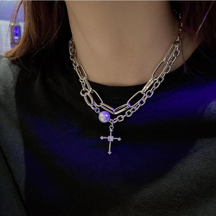 

Tooxika Diamonds Cross Double Stacked Band Necklace Women Cold Wind Necklace Fashion Collarbone Chain