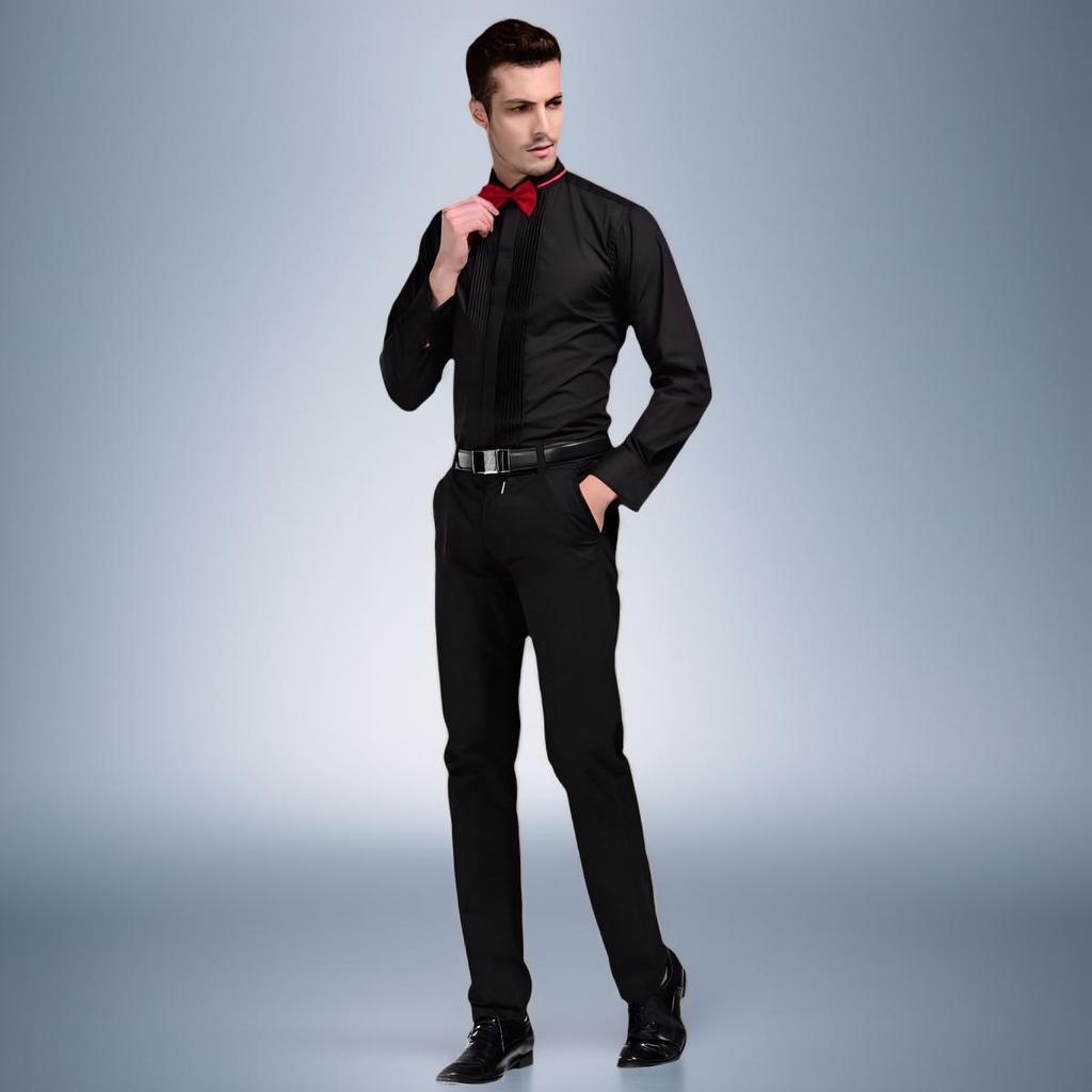 Camisa Branca de Performance Masculina com Gravata Borboleta - Manga Comprida Roupa Formal para Palco, Coro e Banquetes.