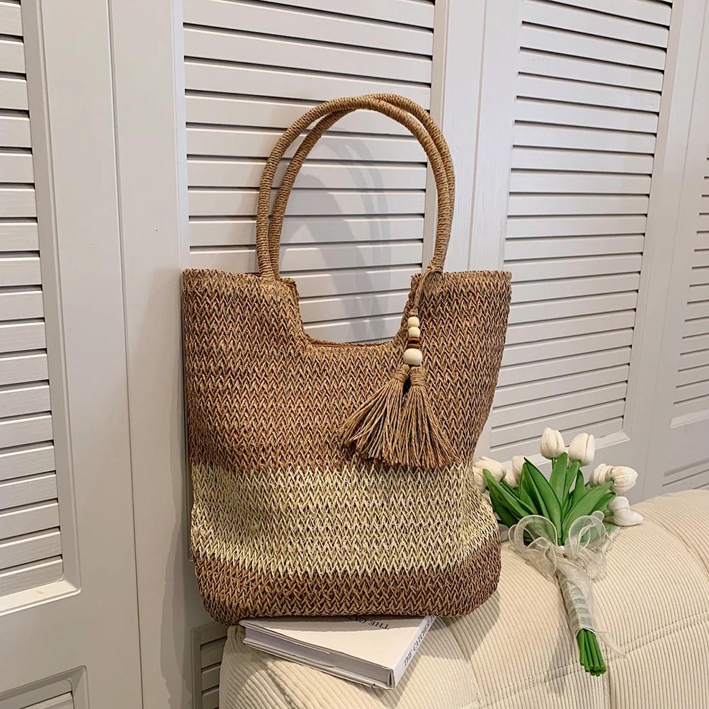 2025 Summer Straw Woven Bag with Tassels Weave  Beach Bag for Women Large Capacity Fashion Shoulder Bag Ladies Boho Knitting Bag