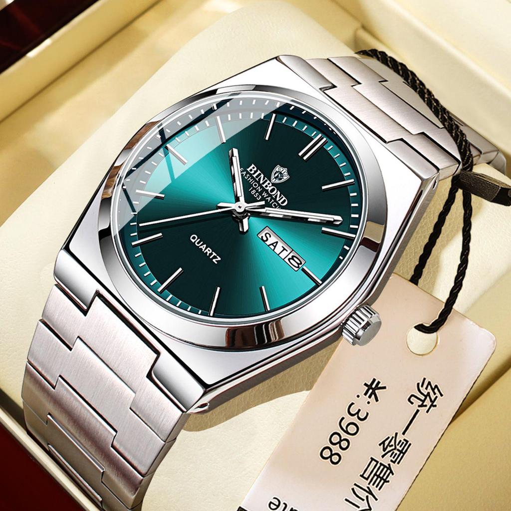 Binbang BINBOND Men's Fashion Stainless Steel Buckle Quartz Watch with Thin Double Calendar - Business Casual Style