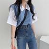 Women Spring Summer Solid Color Short Sleeved Polo Collar Fake Two T-shirt Loose Contrast Color Blouses Pullover Top S-XXL