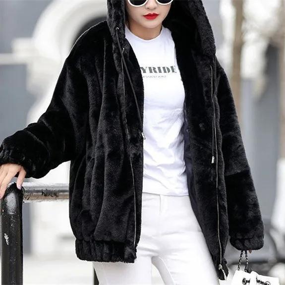 Thickened Fleece Hooded Jacket Women's Mid-Length Winter New Style Korean Loose Long Sleeve Trendy Rabbit Fur Simulation Sweatsh