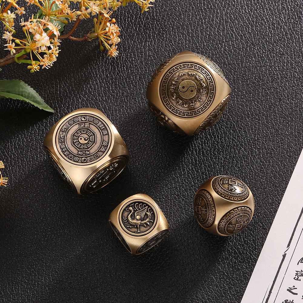 Brass Rotating Handle with Six-Sided Ball and Five Emperors Coins Desktop Ornament