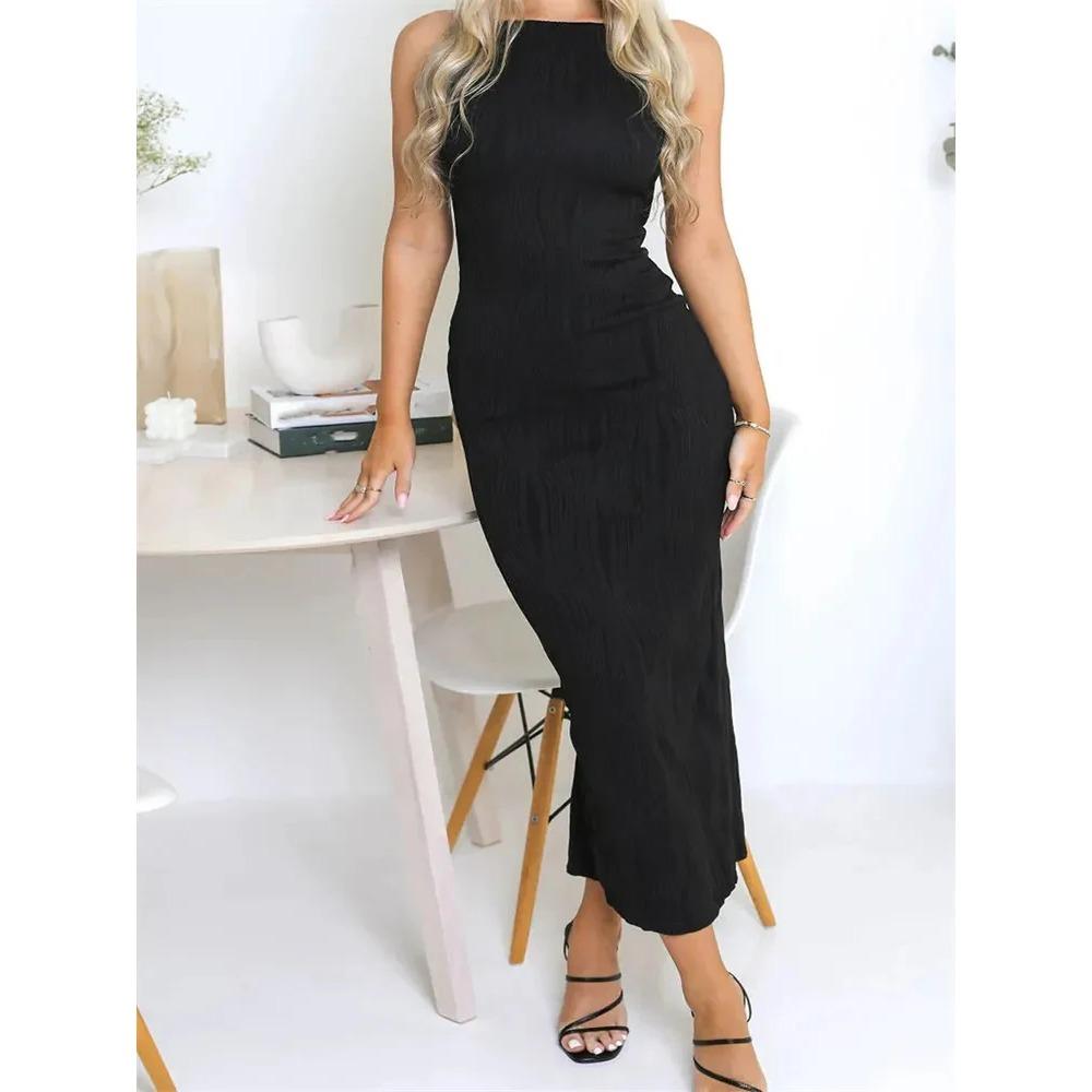 Vestito lungo da donna sexy, arricciato, senza maniche, aderente, tinta unita, estivo, da festa, con spacco sul retro, da clubwear, vestido, abiti da donna