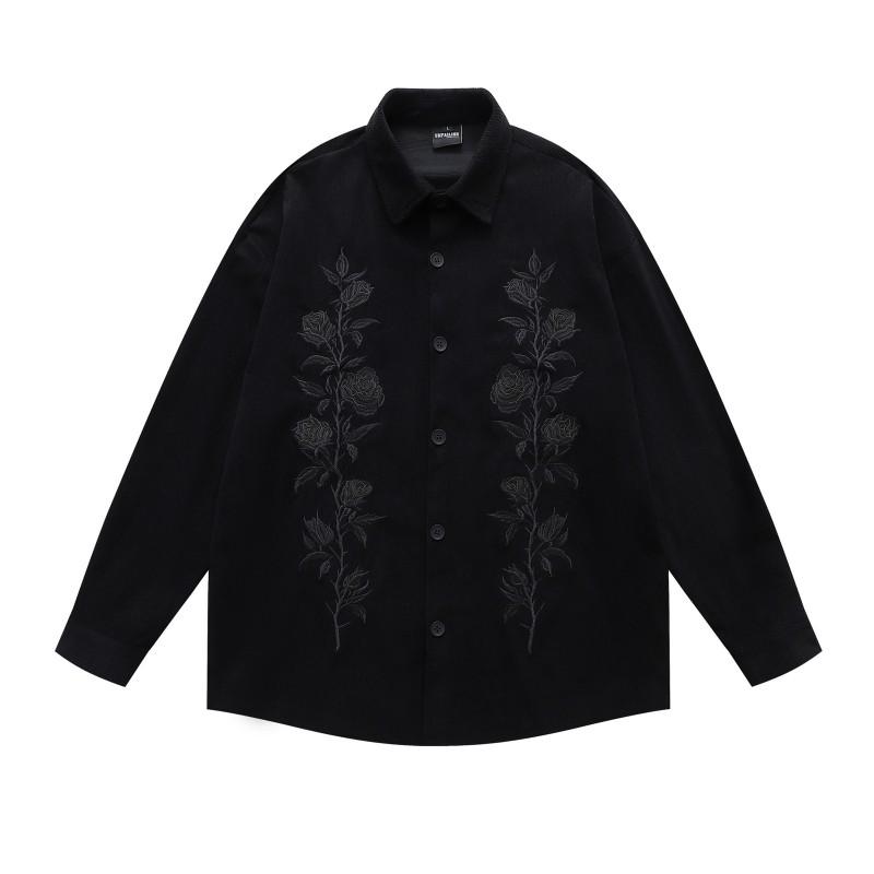 Mens American Vintage Rose Embroidered Corduroy Long Sleeve Shirt Loose Casual Couple Blouse