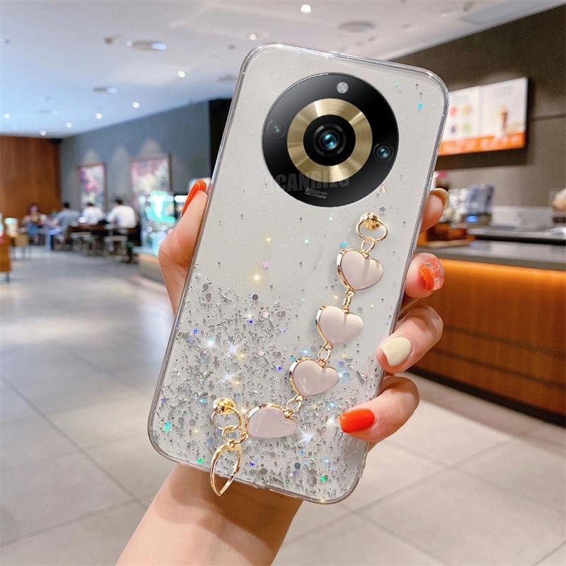 Realme11pro Love Heart håndleddskjede glitterveske for Oppo Realme 11 Pro Plus 11pro 8 9 9pro 11pro C55 C53 armbånd silikondeksel
