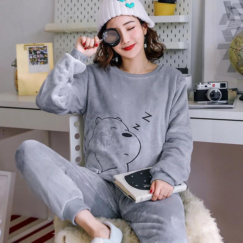 Thickened Warm Sleepwear for Winter Flannel O-Neck Girl Loungewear 2PCS Set Ladies Pajamas Long Sleeves Cartoon Bear Homewear