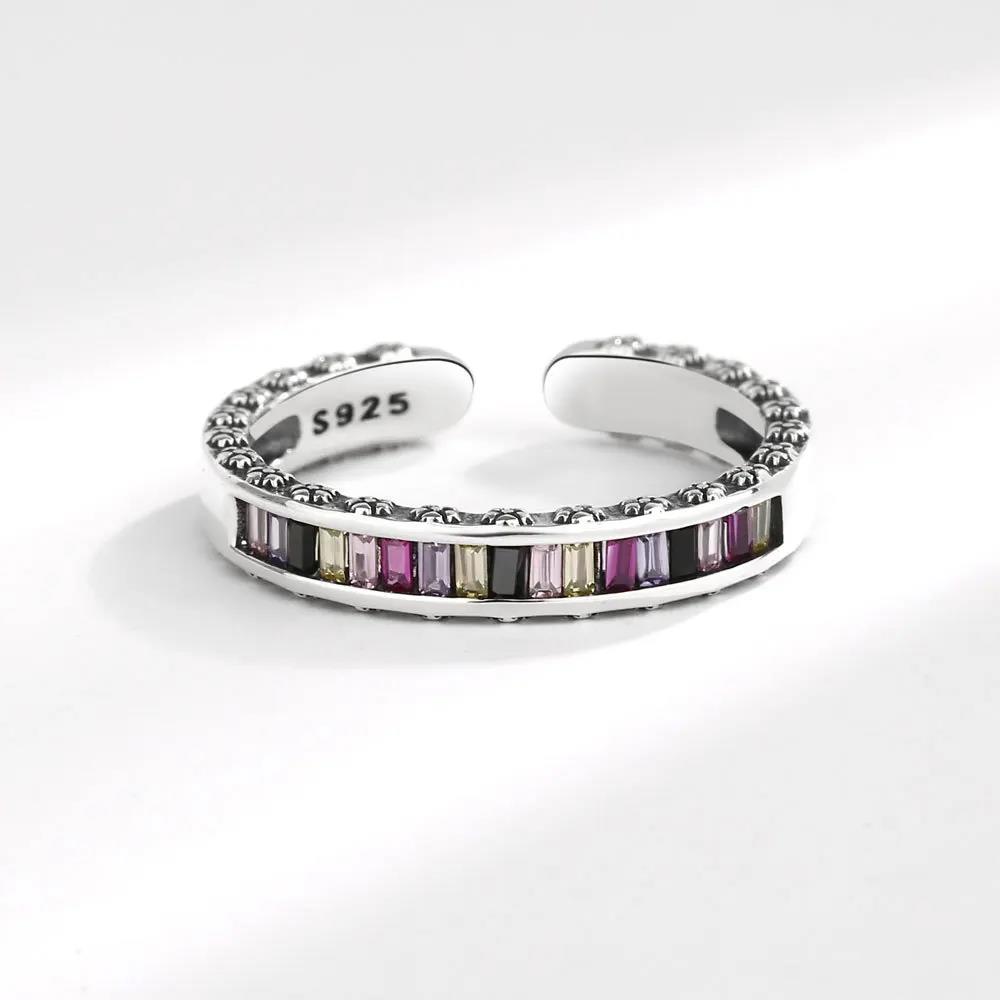 Rainbow CZ Finger Rings for Women Stackable Slim Wedding Engagement Band Antique Silver Color Fine Jewelry 2022 Trendy