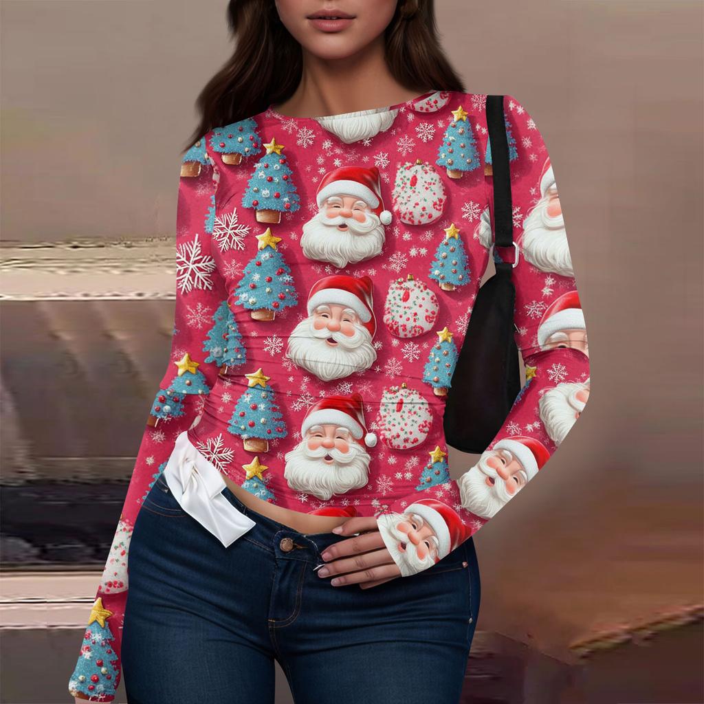 T-shirt à manches longues pour femme, mode décontractée, col rond, imprimé Noël