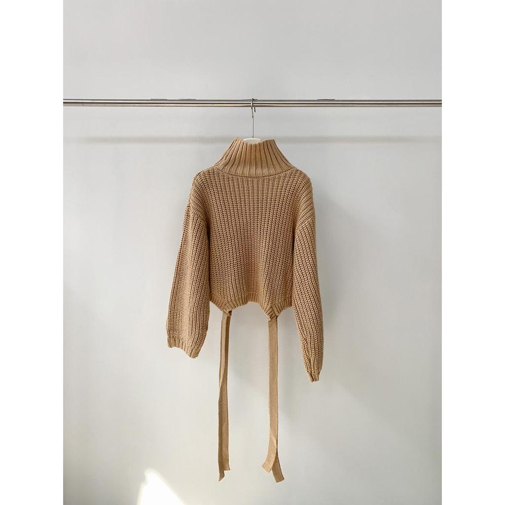 French Lazy Style High Neck Sweater: Tie-Up Knit Top for Women with Loose Long Sleeves