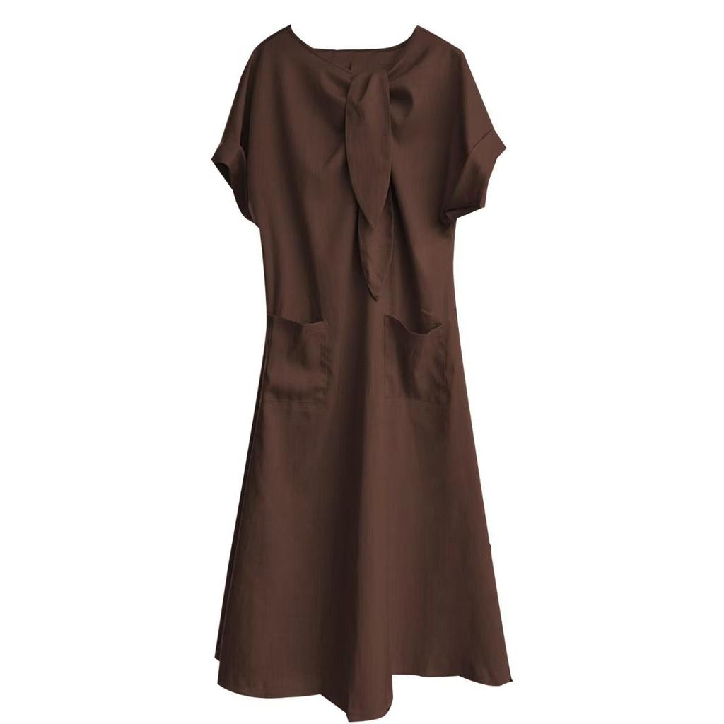 2025 Summer Elegant Plus Size Loose Long Dress with Bow Pockets and Short Sleeves