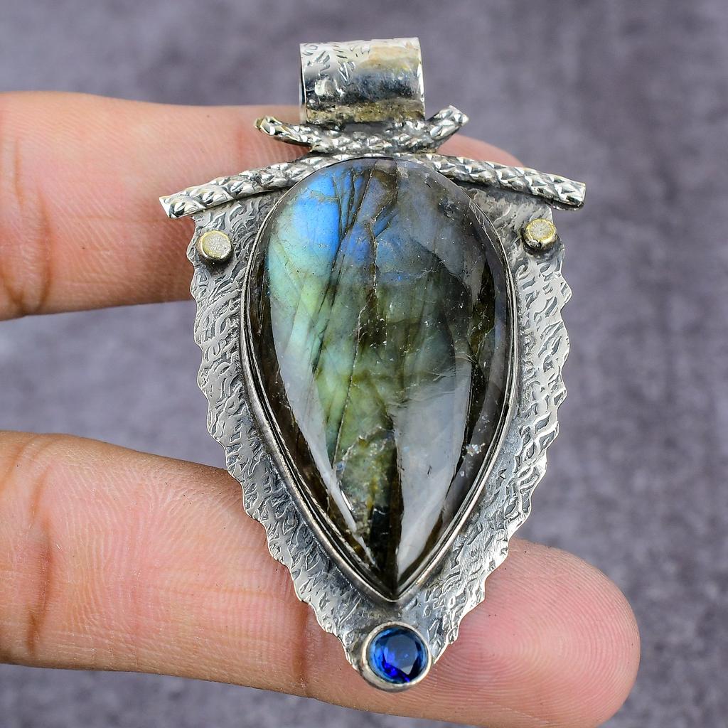 Labradorite, Blue Topaz Handmade 925 Sterling Silver Pendant 2.27" T9s15
