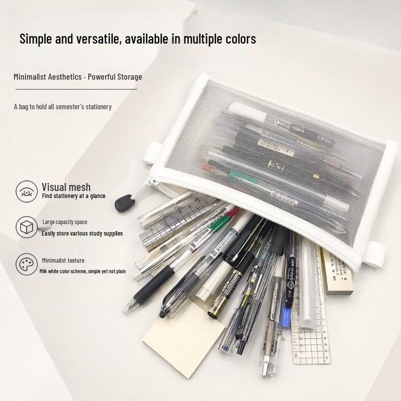 Large Transparent Mesh Pencil Case - Portable Student Zipper Bag for Stationery, Exam Tickets, and Custom Items