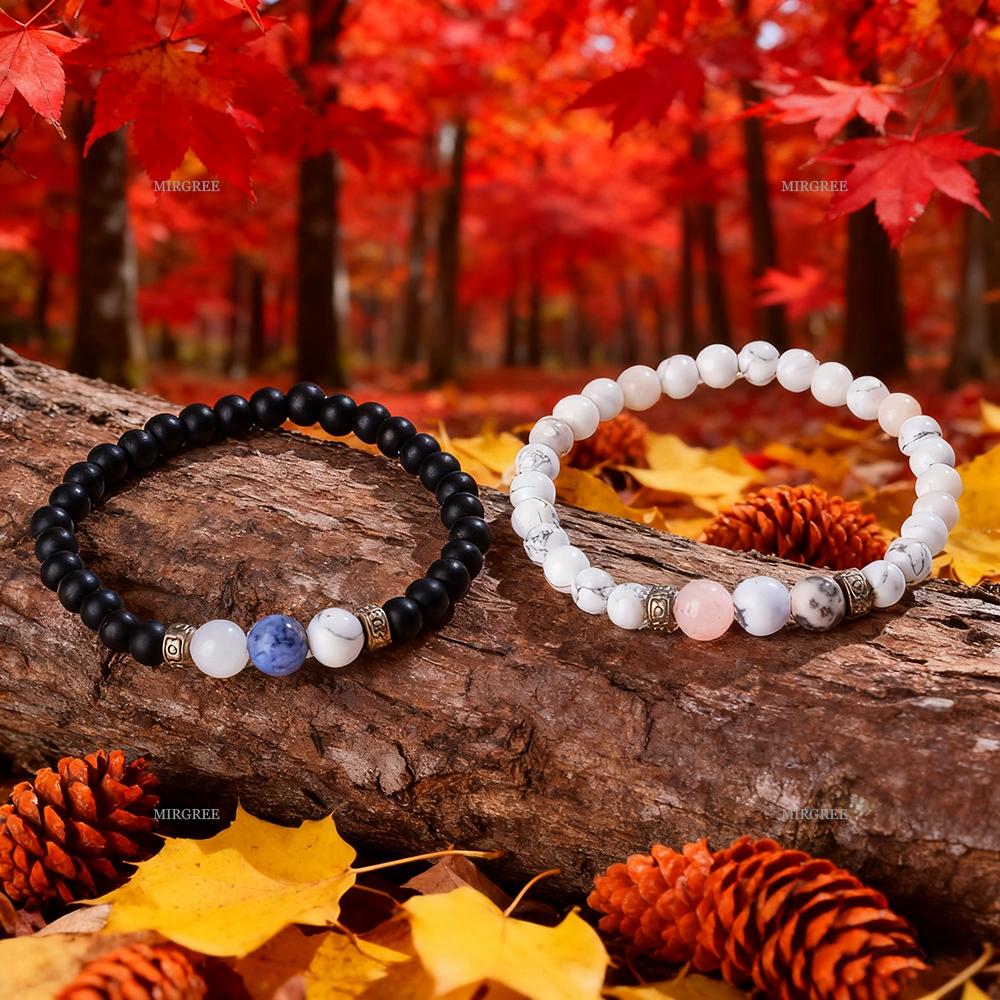 2pcs Natural Zircon Bracelet Set Pink Crystal Blue Pattern Stone Fire Mountain Stone Bracelet Energy Healing Jewelry