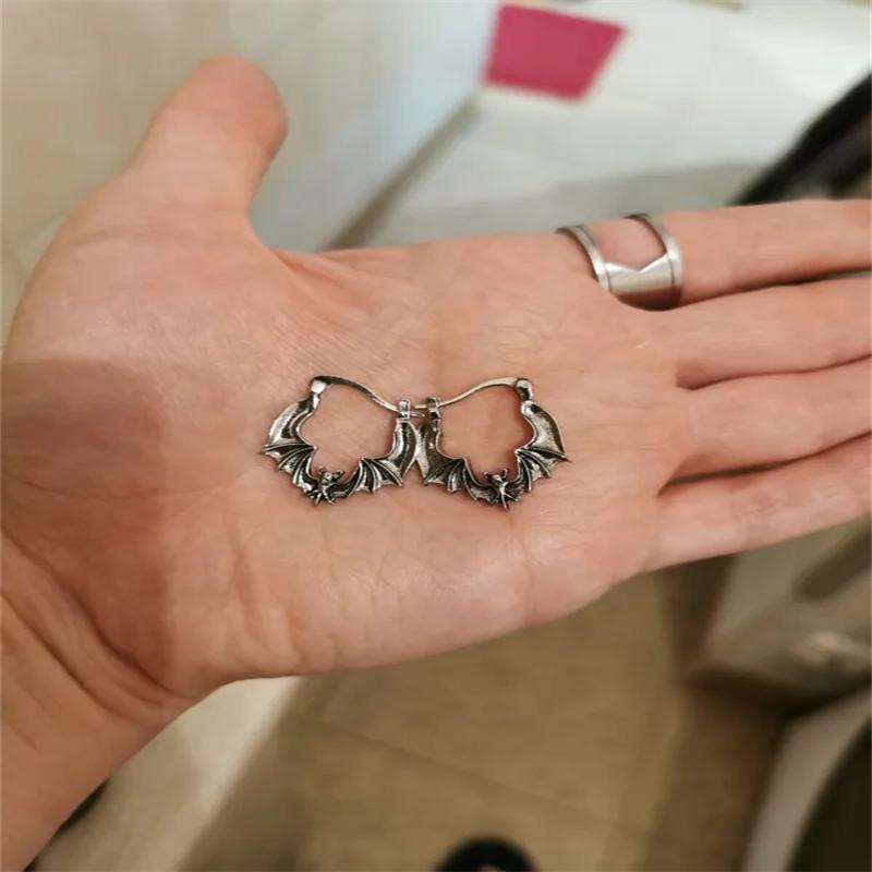 Bat Hoop Earrings. Bat Earrings, Silver Color Tone Earrings, Vintage Bat Jewelry