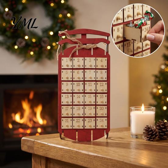 Wall Hanging Christmas Decor Wooden Sleigh Advent Calendar, 24-Day Countdown Box with Drawers, Decoration for Home Tree Decor, Holiday Surprise Candy