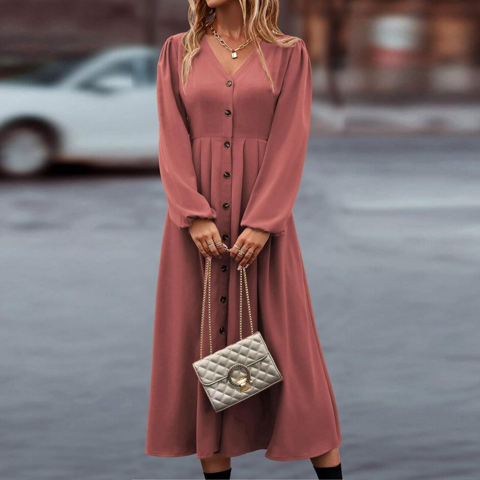 

Жіноча суцільна елегантна тонка сукня А-силуету з довгим рукавом і V-подібним вирізом із завищеною талією XL