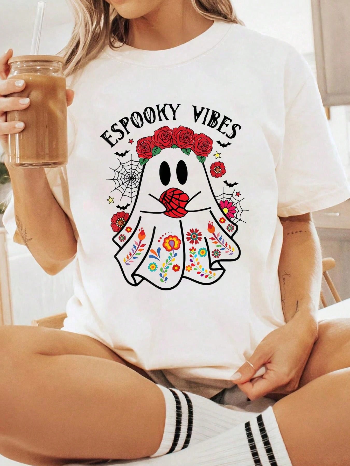 Spooky Vibes Ghost Floral Day of the Dead T-shirt S