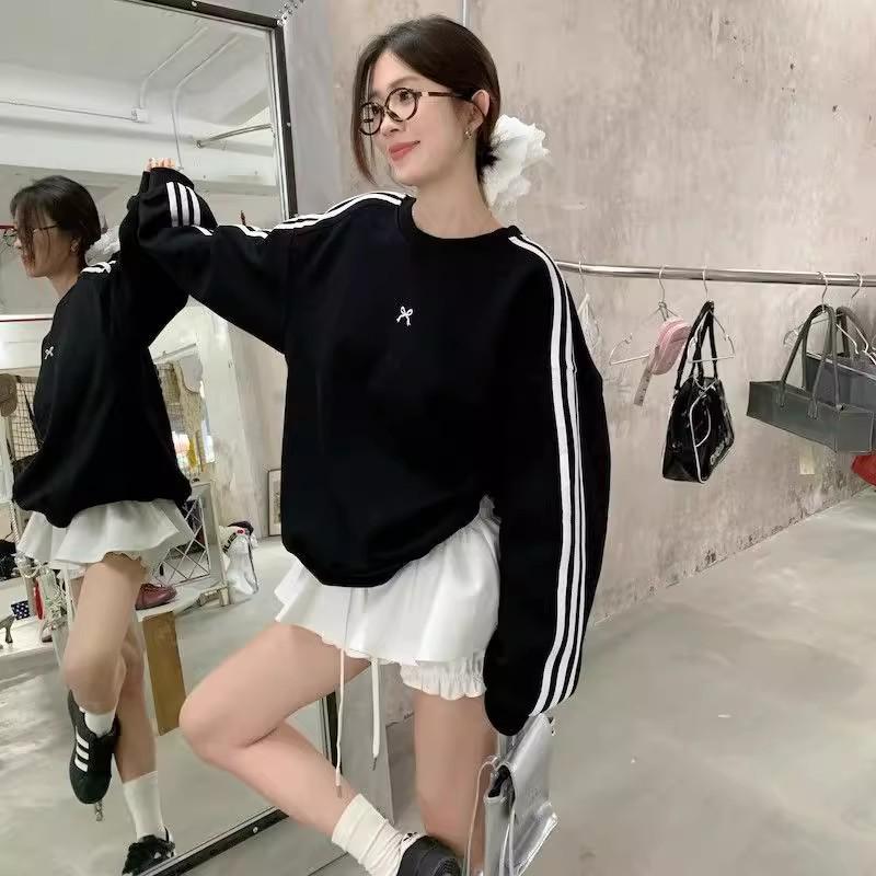 Women's Casual Striped Embroidered Cotton-Blend Hoodie - American Style, Long Sleeve, Loose Fit for Early Autumn