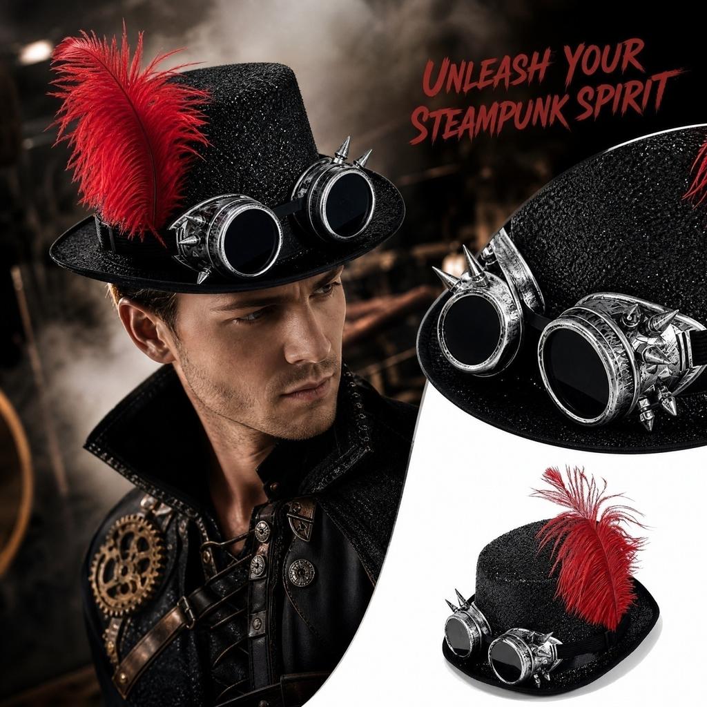 Adult Black Top Hat with and Red Feather Decoration for Costume