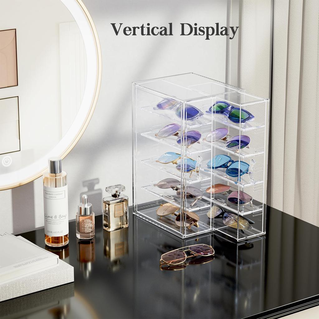 Lolalet Clear Sunglasses Organizer with Eyewear Display Case Storage Box with Removable Holds Multiple Pairs Drawer, Dividers,