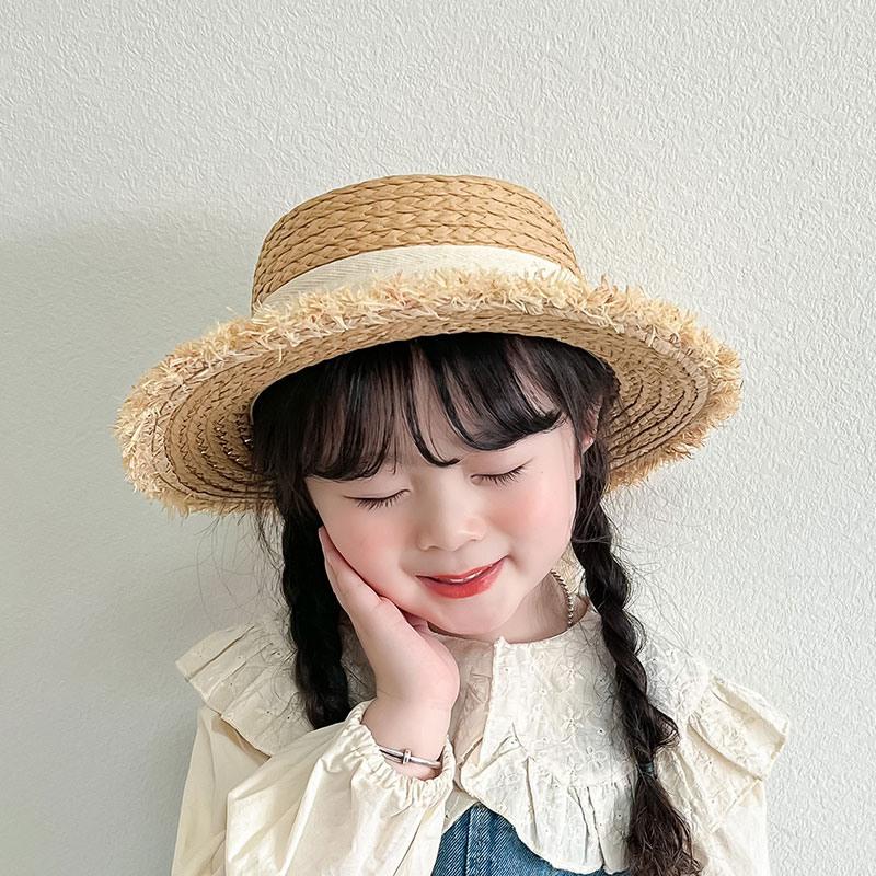 Girl's Sun Hat Summer Travel Kids Sunshade Hat Hairy Straw Hat Decorated With Bowknot