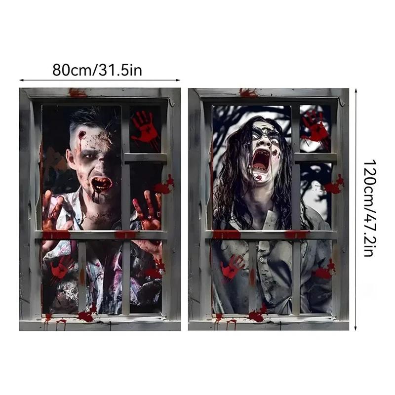 2-Piece Halloween Zombie Ghost Decor Bloody Window Scary Backdrop Outdoor Horror Hanging Cloth Spooky Party Supplies