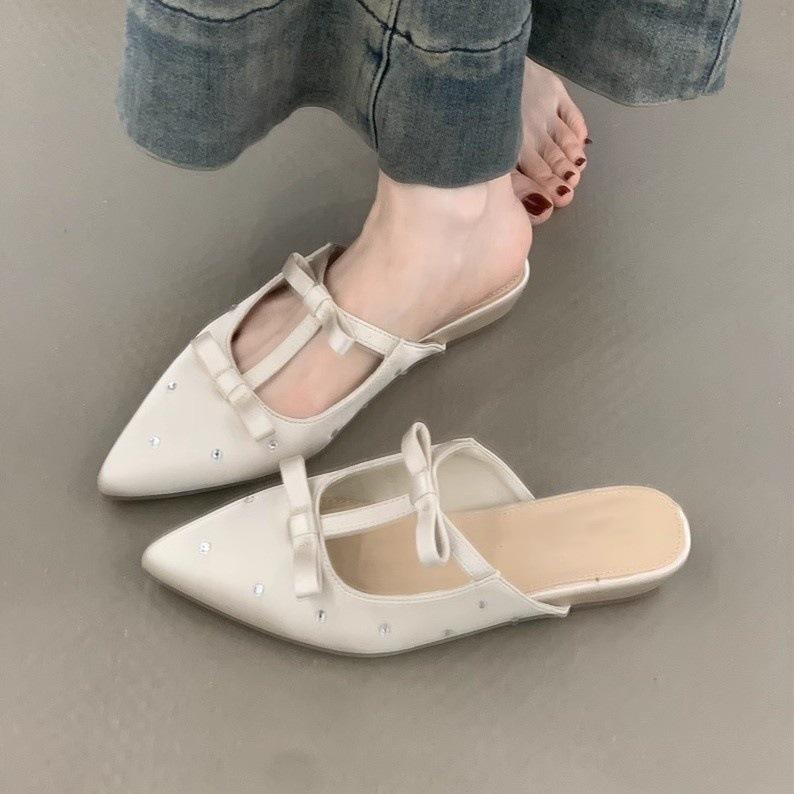 Gentle Fairy Bag Head Half Slippers Temperament Elegant Satin Bow Pointed Wedge Heel Slippers