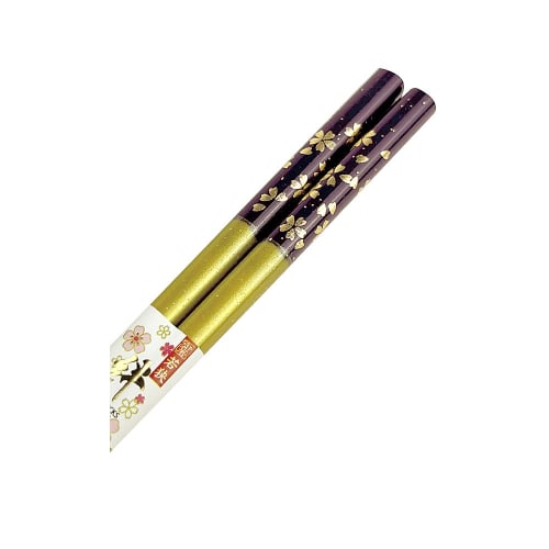 Chopsticks [Kinmai Sakura (Golden Cherry Blossom) Purple] Dishwasher Safe, Unisex Size, Paulownia Wood Box with Gift Wrapping, 70th Birthday Celebrati