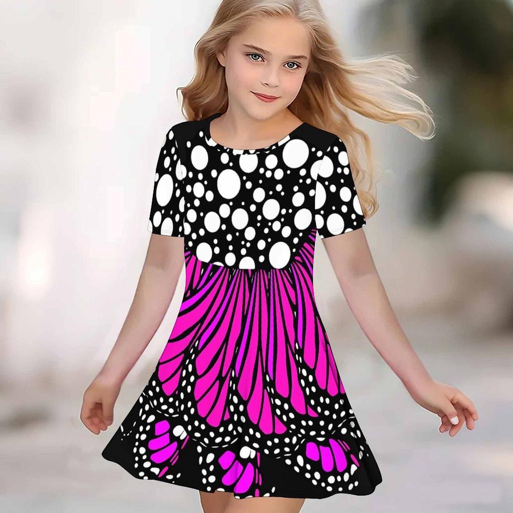 Girls 3D Print Dresses Kids Girl Party Short Sleeve Princess Dress Tank 3D  Flowers  Print Dress