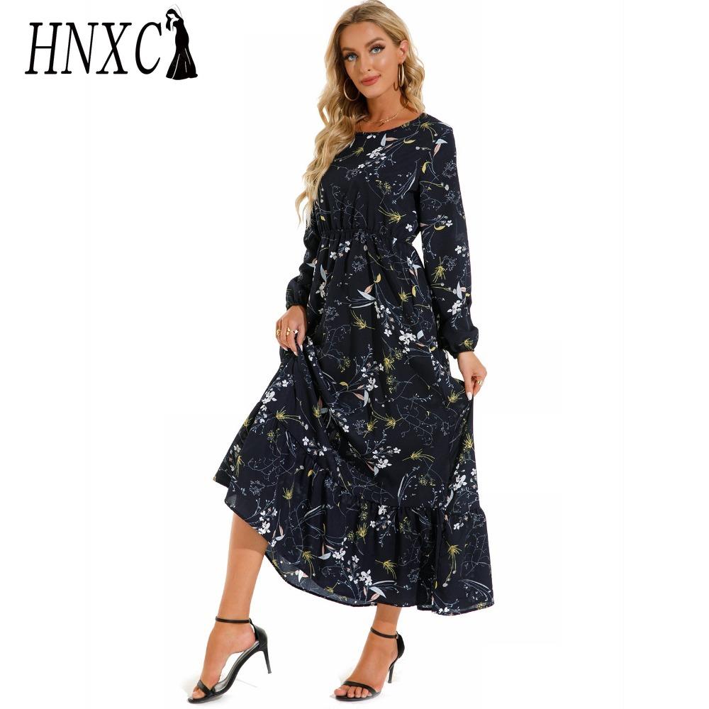 HNXC Spring Summer Bohemian Women Maxi Dress Casual Long Sleeve High Waist Beach Dress Women Floral Chiffon Dresses Vestidoes Mujer New