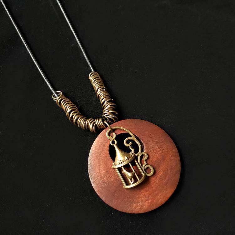 Ethnic Style Cotton-Linen Wooden Sweater Chain Necklace with Alloy Leaf Pendant