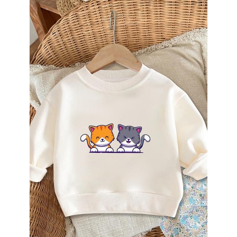 Kids Crewneck Pullover Sweatshirt, Cartoon Two Kittens Graphic Print 110 белый