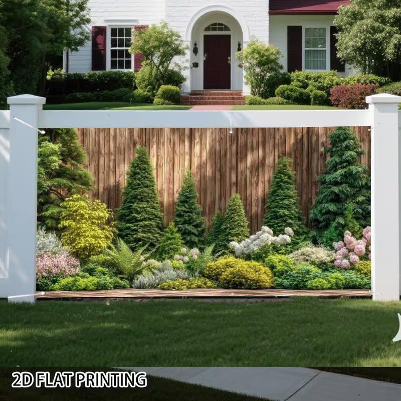 Recinzione Privacy in Legno Rustico 2D Strati di Arbusti Coniferi Sfondo Fotografico per Patio