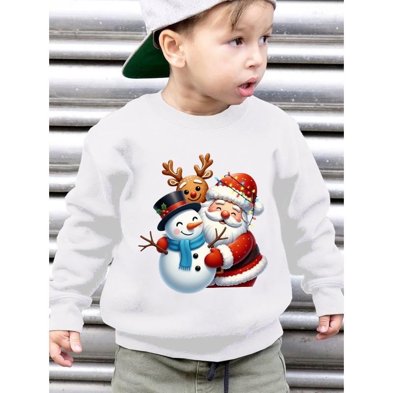 Christmas Winter Fashion Fleece Sweatshirt Gingerbread Man, Snowman And Santa Claus Cartoon Pattern Print Loose Casual Long Sleeve Pullover WY7240