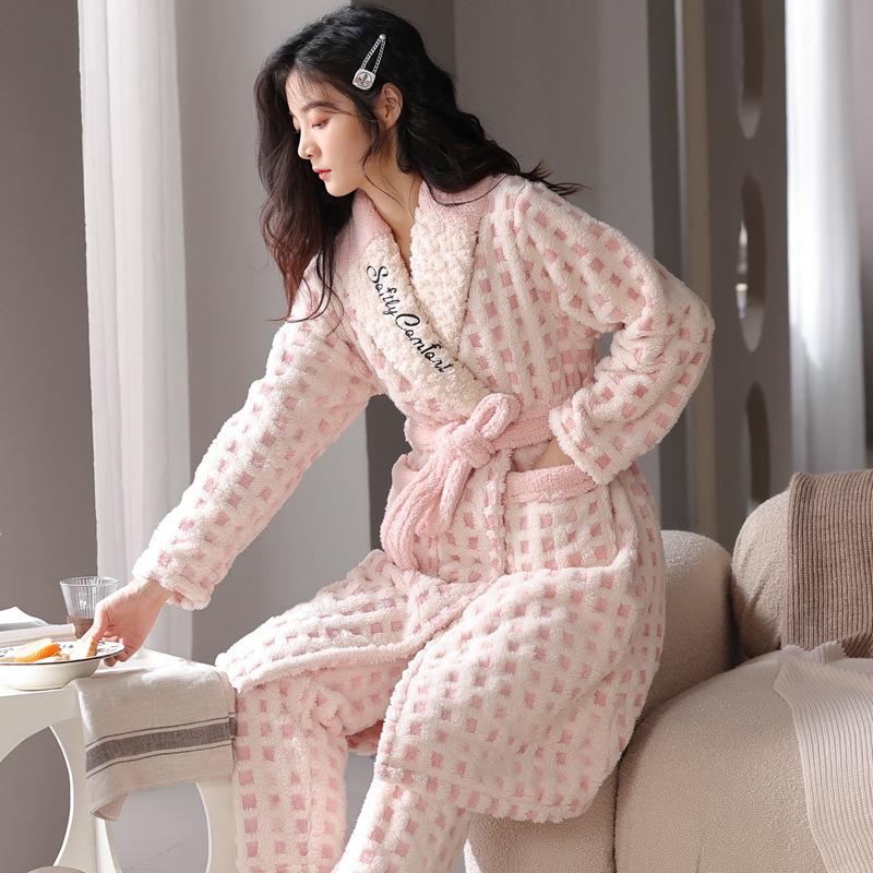 Coral Fleece Nightgown Women 'S Winter Lace -Up Pajamas Homewear Flannel Hotel Style Long Bathrobe Set